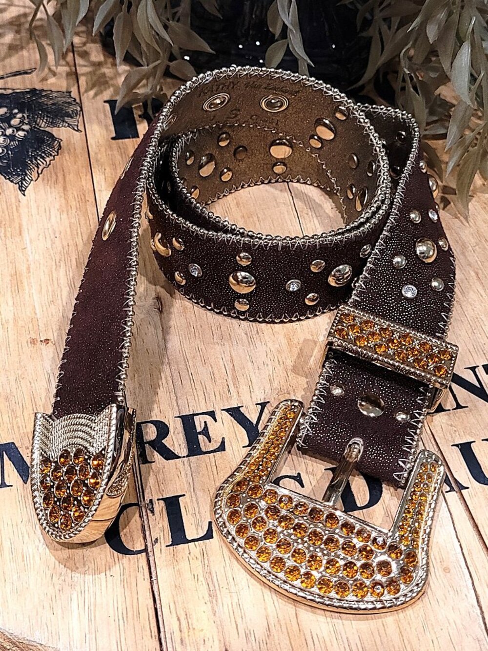 Kathy Van Zeeland Studded Crystal Brown Western Belt with Crystal Studded Buckle